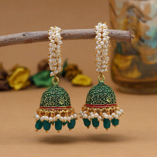 Gold-Plated Artificial Beaded Dome Shaped Jhumkas Green