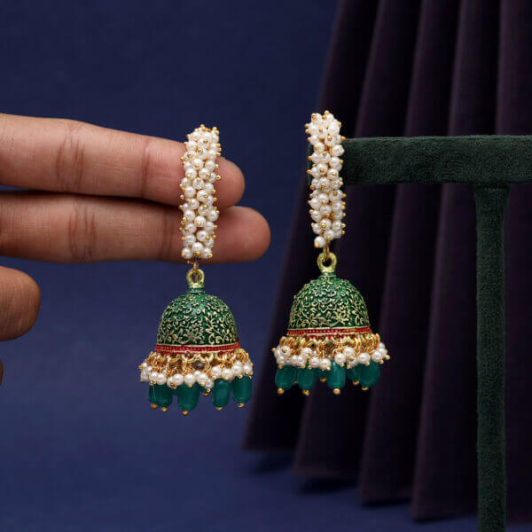 Gold-Plated Artificial Beaded Dome Shaped Jhumkas green