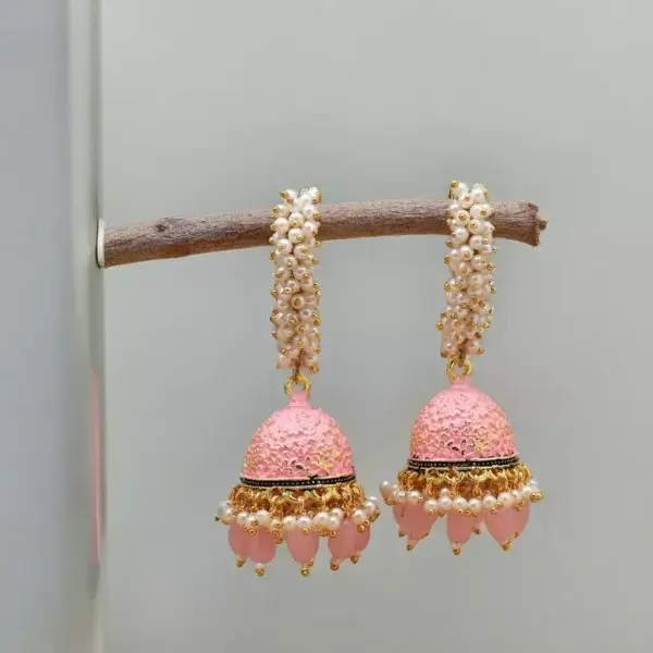 Gold-Toned & Pink Meenakari Enamel Pearls Ethnic Jhumka