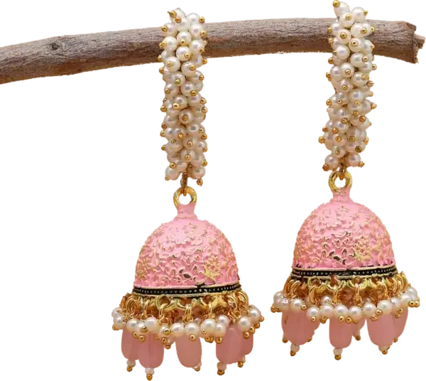 Gold-Toned & Pink Meenakari Enamel Pearls Ethnic Jhumka - Image 2