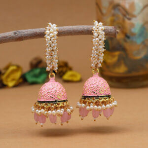 Gold-Toned & Pink Meenakari Enamel Pearls Ethnic Jhumka write this in a different tone