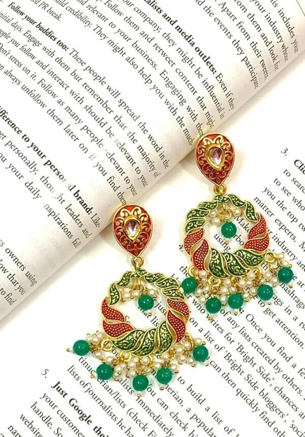 Mint Meenakari Chandbali Earrings with Green Color Stones