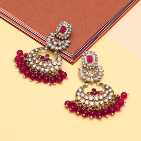 Gold-Plated Kundan Chandelier Earrings with Ruby Beads – Bridal & Festive Statement Earrings - Image 3