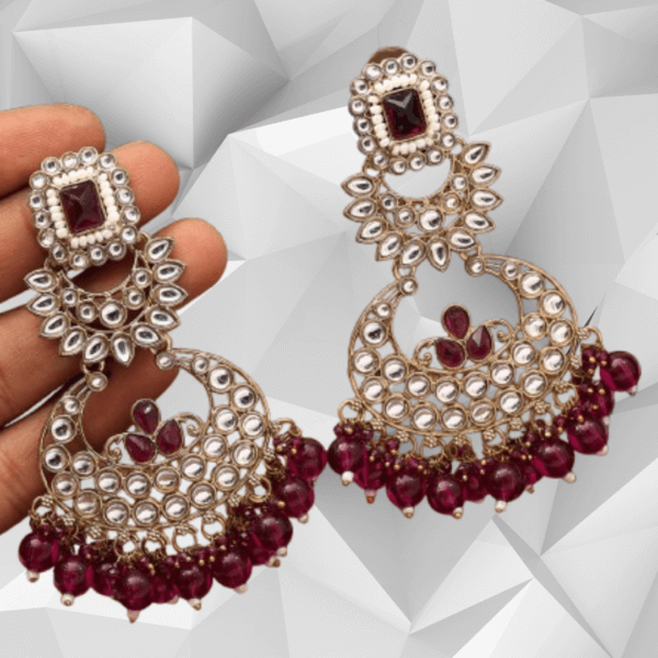 Gold-Plated Kundan Chandelier Earrings with Ruby Beads – Bridal & Festive Statement Earrings